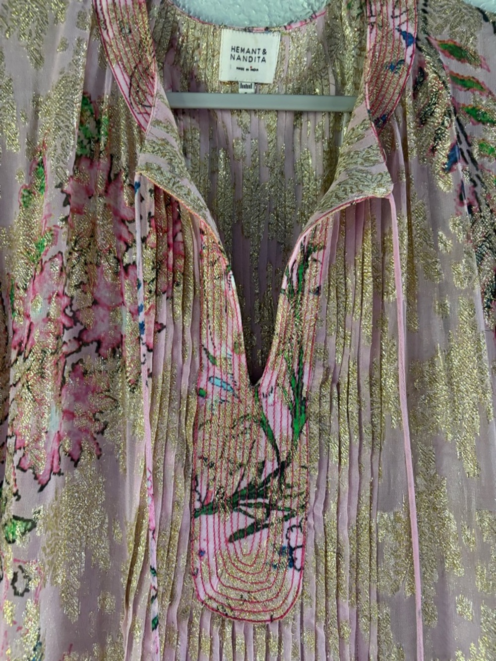 Hemant & Nandita Sheer Pink Floral Maxi Dress with Gold Accents - Picture 4 of 9